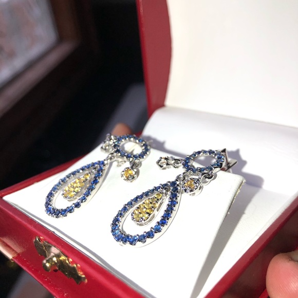 14K Blue & Yellow Sapphire Dangle Earrings - Picture 4 of 5